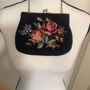 Floral Antique Embroidered Black Beaded Evening Clutch